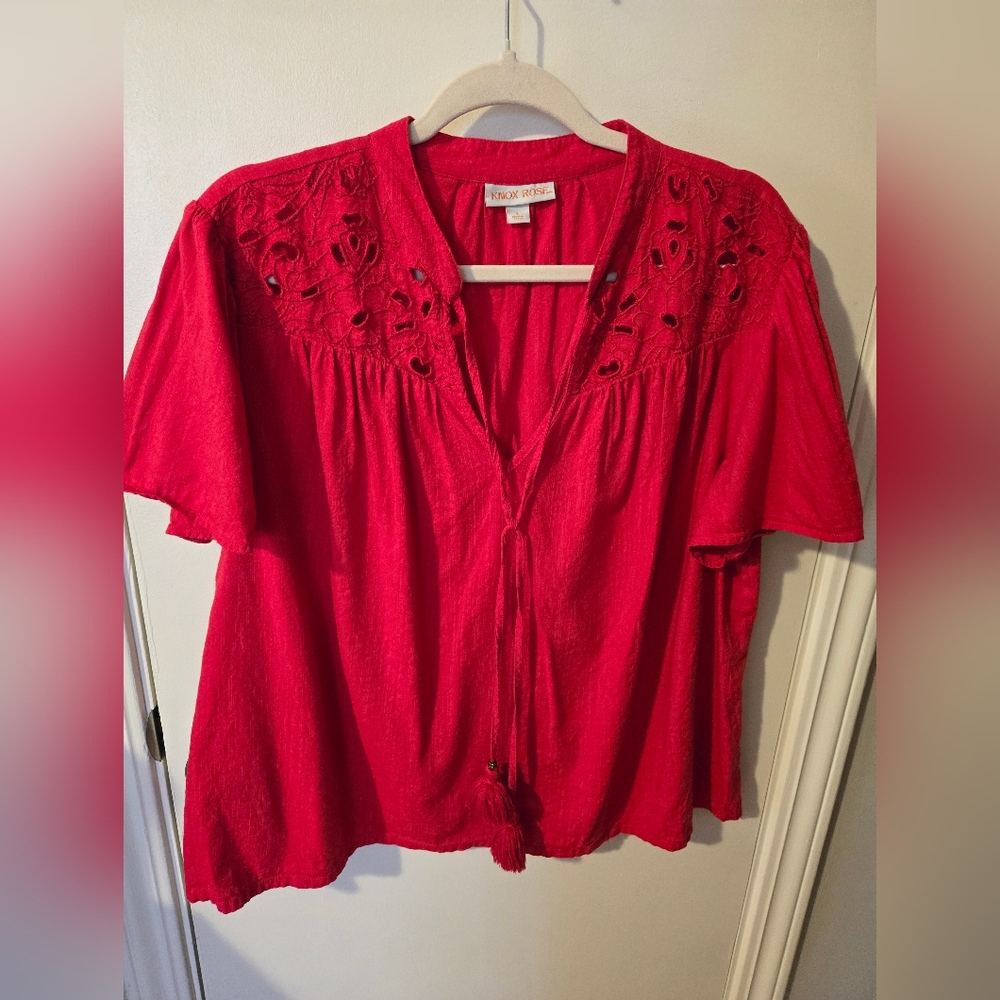 Knox Rose Red Relaxed Embellished Blouse Short Sleeve